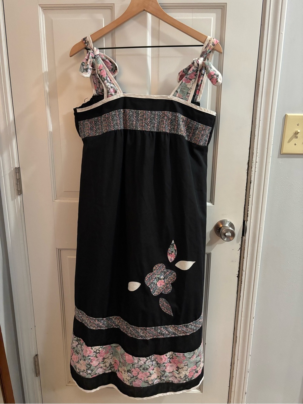 70’s Young Edwardian Black Floral Tie-Strap Sundress